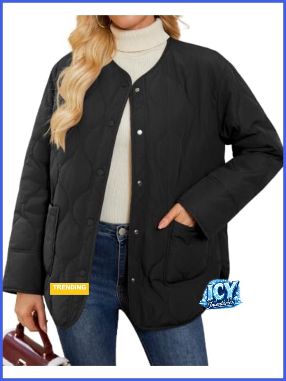 Oversized Quilted Lightweight Puffer Jacket Collarless Snap Button